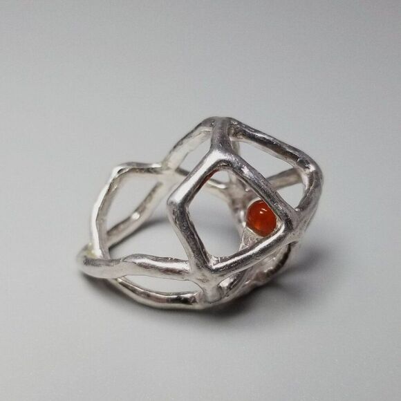 Estate Atelier Shinji Signed Silver and Red Geometric Cocktail Ring, Size 6 Band - Picture 3 of 12